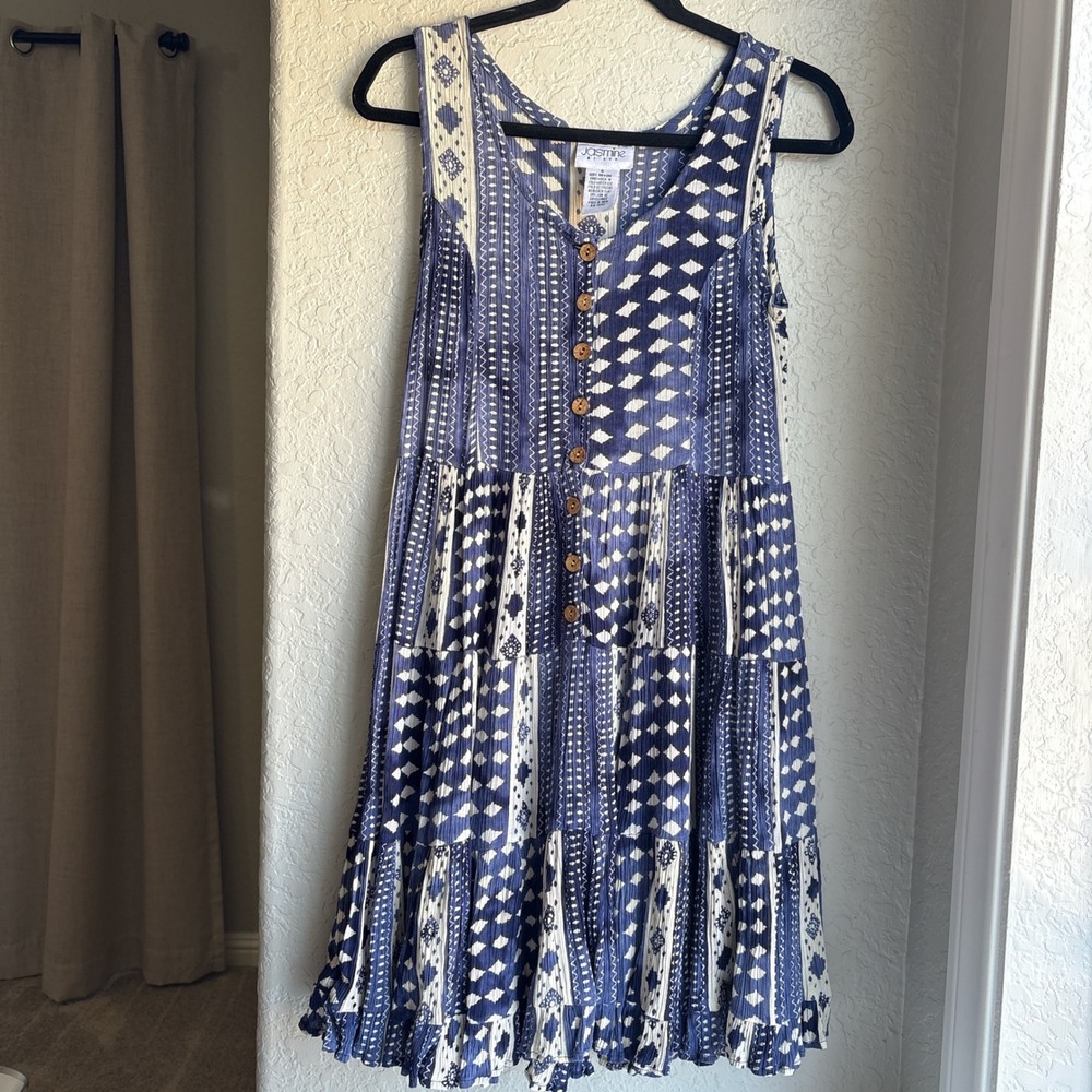 Womens S Vintage Midi Dress Sleeveless Boho Patchwork Blue Geometric 90S‎ Hippie